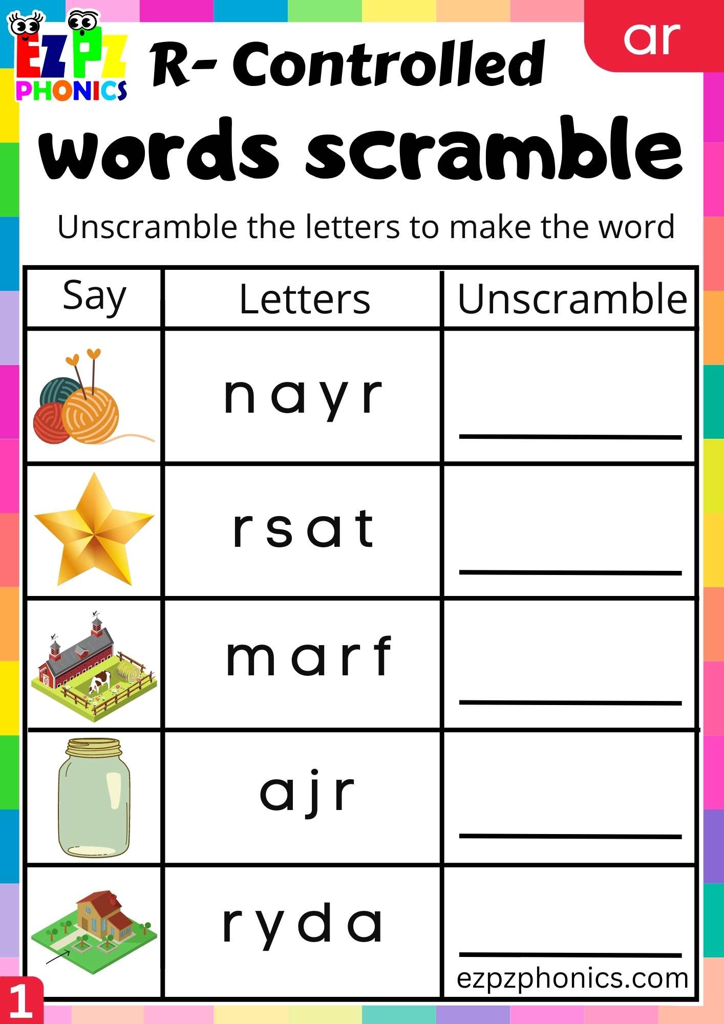 Word scramble worksheet for ar words R controlled vowels phonics group 1